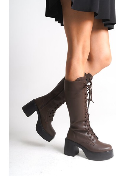 Guani Premium Kahverengi Kalın Yüksek Topuklu Çizme