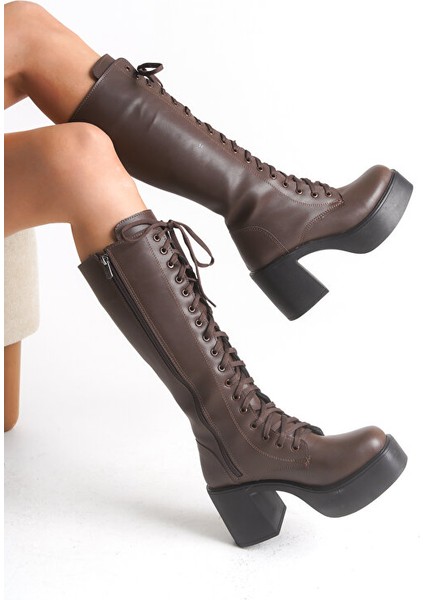 Guani Premium Kahverengi Kalın Yüksek Topuklu Çizme fırsatları