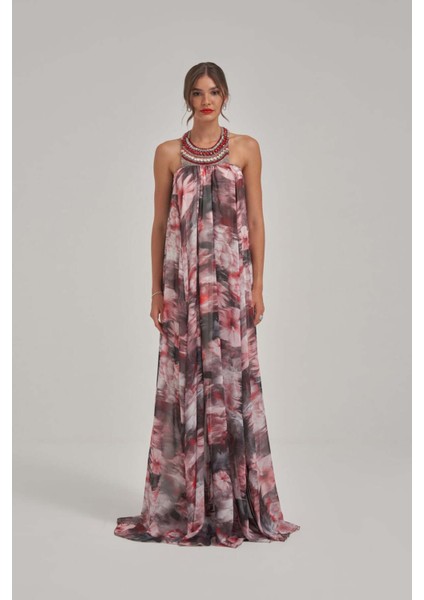 Boyundan Özel Taş Aksesuarlı Sırtı Dekolteli Abiye