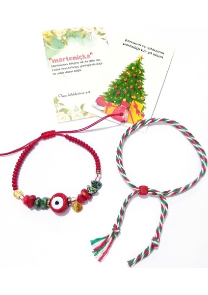 Yılbaşı Marteniçka ve Mercan Jasper Hematit Doğaltaşlı Cam Nazar Boncuklu Bileklik