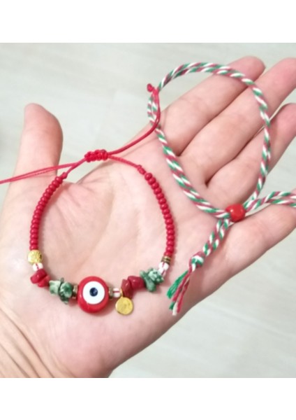Yılbaşı Marteniçka ve Mercan Jasper Hematit Doğaltaşlı Cam Nazar Boncuklu Bileklik indirimleri
