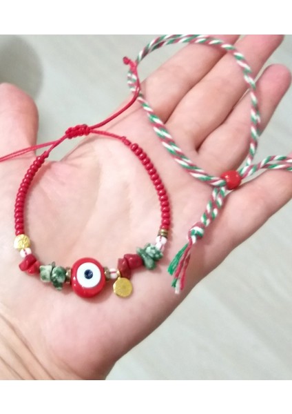 Yılbaşı Marteniçka ve Mercan Jasper Hematit Doğaltaşlı Cam Nazar Boncuklu Bileklik