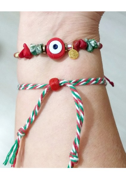 Yılbaşı Marteniçka ve Mercan Jasper Hematit Doğaltaşlı Cam Nazar Boncuklu Bileklik