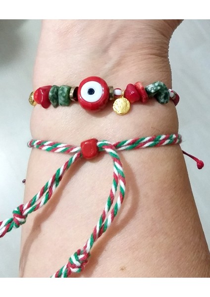 Yılbaşı Marteniçka ve Mercan Jasper Hematit Doğaltaşlı Cam Nazar Boncuklu Bileklik