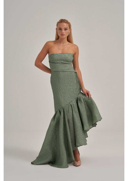 Straplez Çapraz Detaylı Haki Elbise