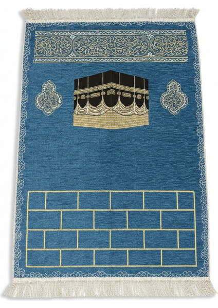 Kişiye Özel Nakış Işlemeli Kabe Motifli Saçaklı Mavi Renk Hediyelik Seccade