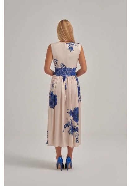 Mavi Desenli Saten Dantel Detaylı Midi Elbise modelleri