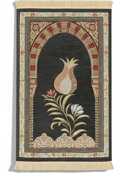 Kişiye Özel Nakış Işlemeli Lale Motifli Astarlı Saçaklı Gri Renk Hediyelik Seccade