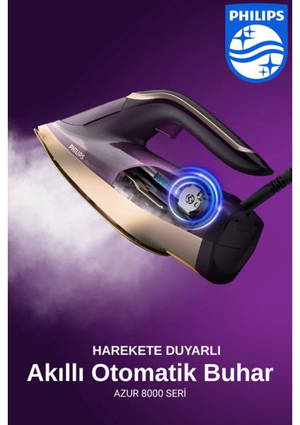 8000 Serisi Azur Buharlı Ütü - 3000W, Optimaltemp Teknolojisi, 55G/DK Sürekli Buhar, Sıfır Yanık Riski, 300 Ml'lik Su Haznesi + Tüy Toplayıcı