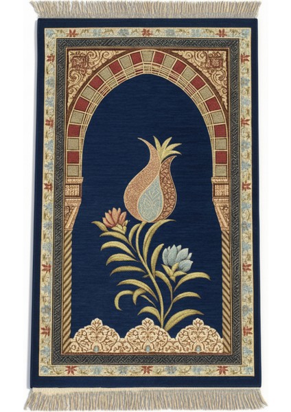 Kişiye Özel Nakış Işlemeli Lale Motifli Astarlı Saçaklı Lacivert Renk Hediyelik Seccade