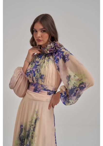 Özel Mor Desen Çiçek Motifli Şifon Elbise fiyatları