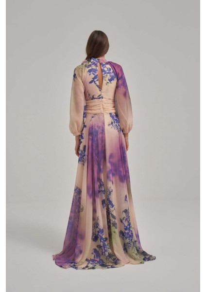 Özel Mor Desen Çiçek Motifli Şifon Elbise modelleri