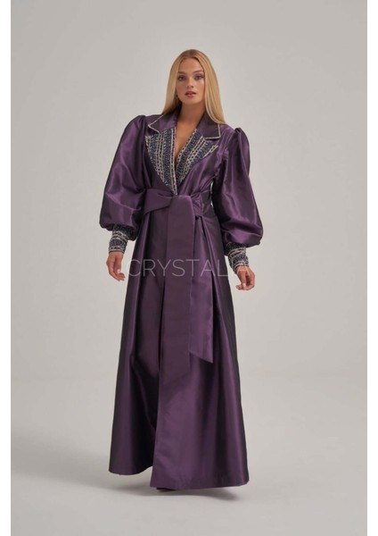 Işlemeli Belden Bağlamalı Mor Uzun Ceket
