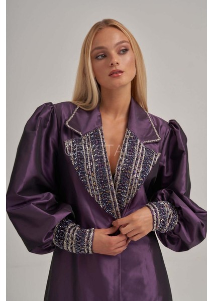 Işlemeli Belden Bağlamalı Mor Uzun Ceket fiyatları