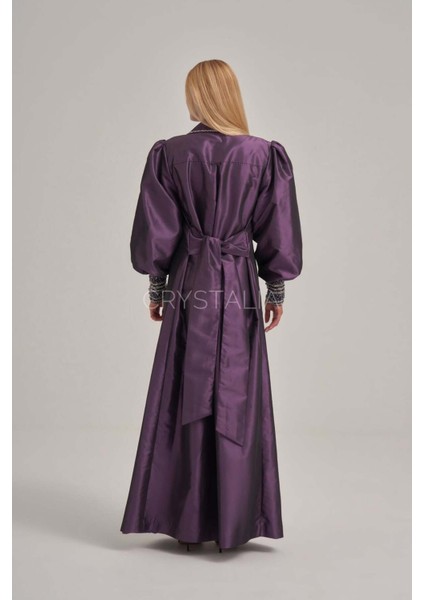 Işlemeli Belden Bağlamalı Mor Uzun Ceket modelleri