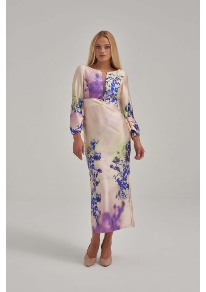 Özel Mor Desen Saten Midi Elbise