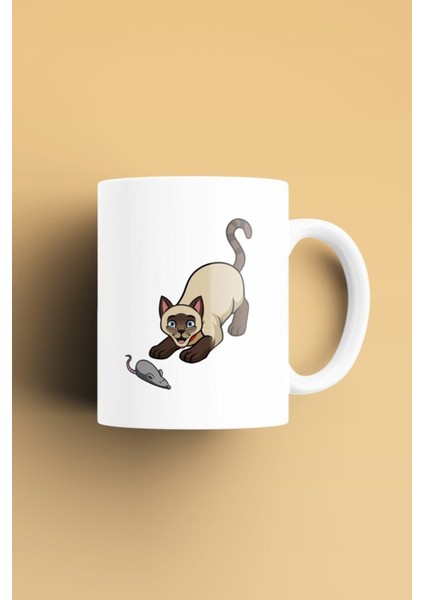 Siyam Kedisi 4 Desenli, Baskılı Beyaz Kupa Bardak