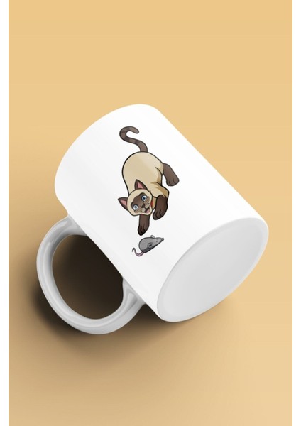 Siyam Kedisi 4 Desenli, Baskılı Beyaz Kupa Bardak modelleri