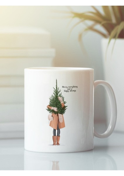 Beyaz Kupa Bardak Yeni Yıl Yılbaşı Çam Ağacı