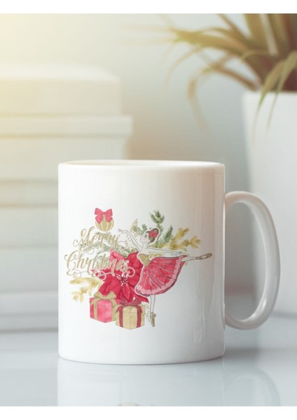 Beyaz Kupa Bardak Yeni Yıl Yılbaşı Balerin Çam Ağacı