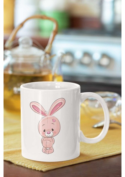 Sevimli Pembe Tavşan Baskılı Porselen Kupa Bardak