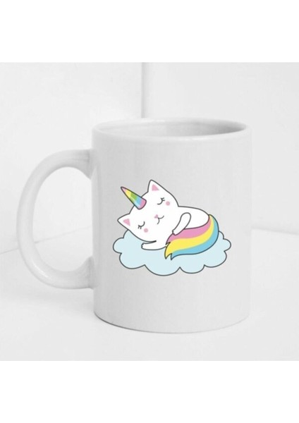 Uyuyan Kedi Figürlü Beyaz Baskılı Kupa