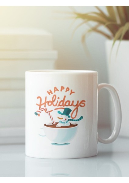 Beyaz Kupa Bardak Yeni Yıl Yılbaşı Kardan Adam