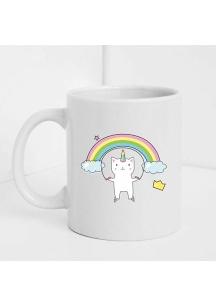 Ip Atlayan Unıcorlu Kedi Figürlü Beyaz Baskılı Kupa