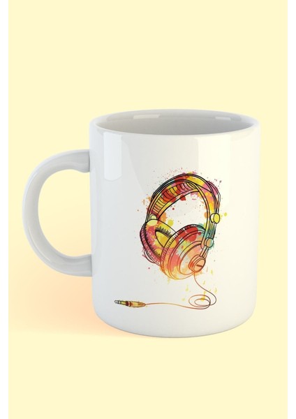 Renkli Kulaklık Baskılı Kahve Kupası