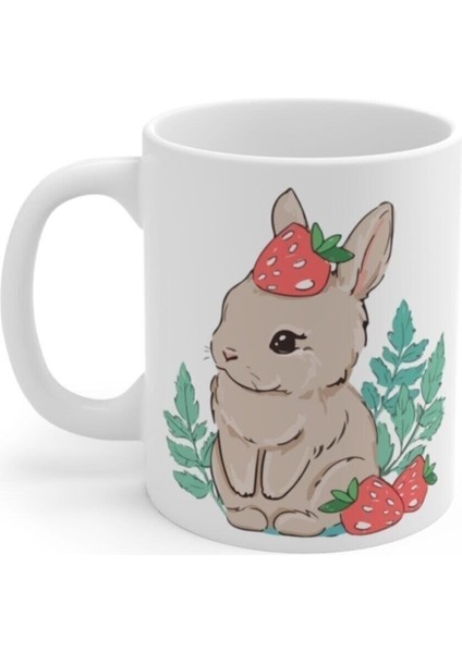 Beyaz Çilekli Tavşan Baskılı Kupa Bardak