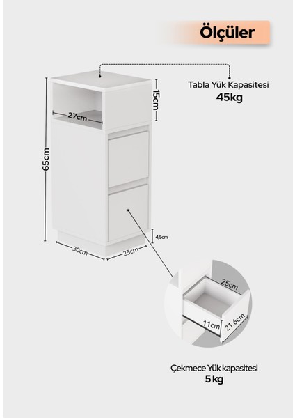 Alve Dar Komodin – 2 Çekmeceli, Değiştirilebilir Açık Bölmeli Yan Sehpa Yatak Odası & Oturma Odası Minimal Tasarım