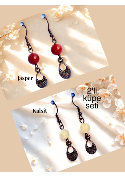 Jasper & Kalsit Doğal Taşlı Bohem Damla Sallantılı, Kadın 2'li Küpe Seti, Kırmızı-Sarı