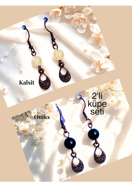 Kalsit & Oniks Doğal Taşlı Bohem Damla Sallantılı, Kadın 2'li Küpe Seti, Sarı-Siyah