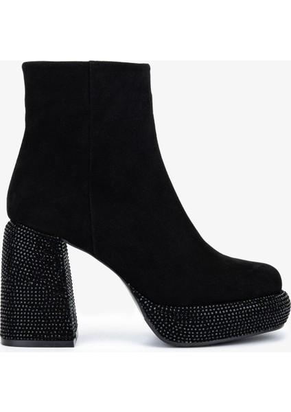 Kadın Hakiki Deri Siyah Süet Topuklu Bot 492 4110 Bn Bot SK25-26 Sıyah Suet