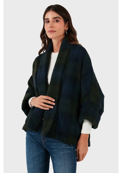 Kareli Yün Karışımlı Regular Fit Şal Yaka Panço Bayan Panço 6891201