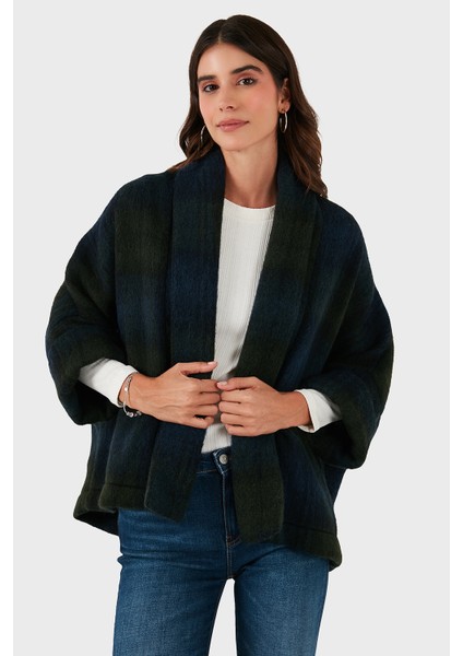 Kareli Yün Karışımlı Regular Fit Şal Yaka Panço Bayan Panço 6891201