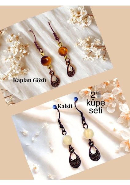 Kaplan Gözü & Kalsit Doğal Taşlı Bohem Damla Sallantılı, Kadın 2'li Küpe Seti, Kahverengi -Sarı