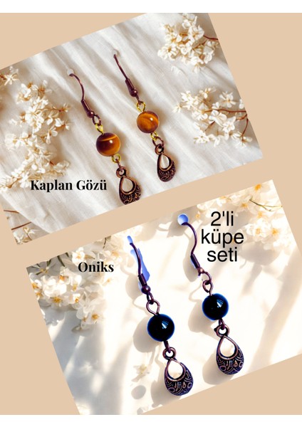 Kaplan Gözü & Oniks Doğal Taşlı Bohem Damla Sallantılı, Kadın 2'li Küpe Seti, Kahverengi -Siyah