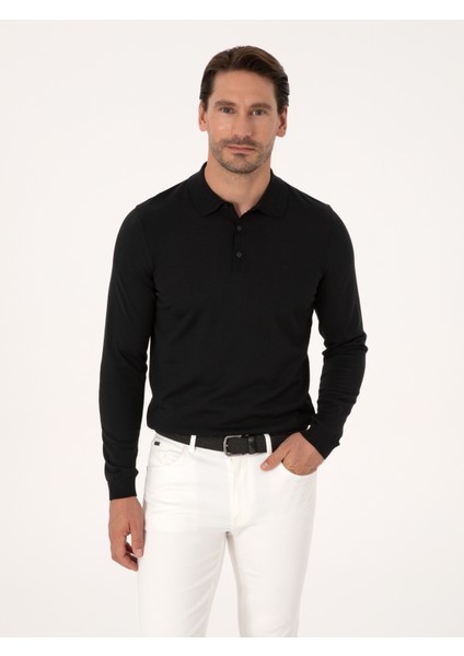 Erkek Siyah Regular Fit Yün Karışımlı Polo Yaka Basic Triko Kazak 50318855-VR046