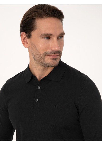 Erkek Siyah Regular Fit Yün Karışımlı Polo Yaka Basic Triko Kazak 50318855-VR046 fiyatları