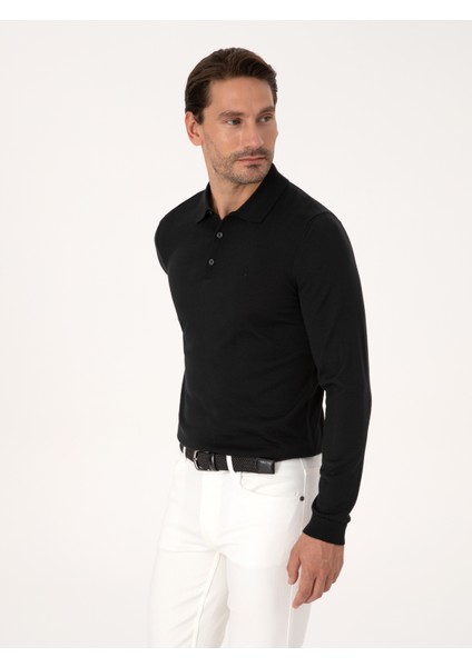 Erkek Siyah Regular Fit Yün Karışımlı Polo Yaka Basic Triko Kazak 50318855-VR046 modelleri