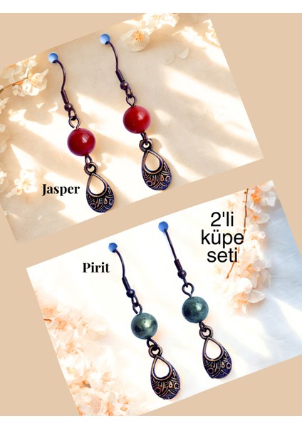Jasper & Pirit Doğal Taşlı Bohem Damla Sallantılı, Kadın 2'li Küpe Seti, Kırmızı-Mat Sarı