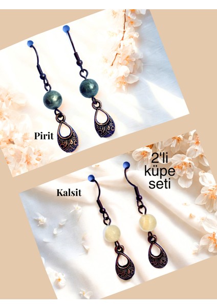 Pirit & Kalsit Doğal Taşlı Bohem Damla Sallantılı, Kadın 2'li Küpe Seti, Mat Sarı-Sarı