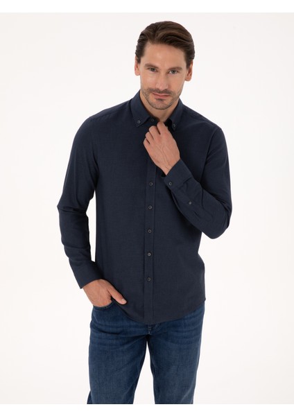 Erkek Lacivert Slim Fit %100 Pamuk Yakası Düğmeli Flanel Gömlek 50313122-VR033