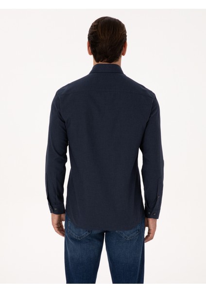 Erkek Lacivert Slim Fit %100 Pamuk Yakası Düğmeli Flanel Gömlek 50313122-VR033 indirimleri