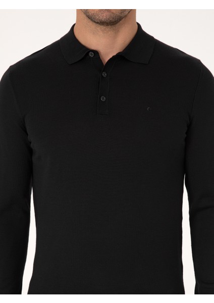 Erkek Siyah Regular Fit Yün Karışımlı Polo Yaka Basic Triko Kazak 50318855-VR046