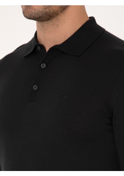 Erkek Siyah Regular Fit Yün Karışımlı Polo Yaka Basic Triko Kazak 50318855-VR046