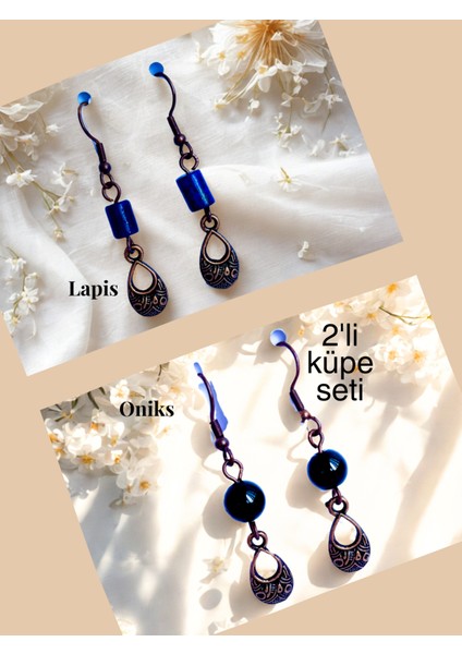 Lapis & Oniks Doğal Taşlı Bohem Damla Sallantılı, Kadın 2'li Küpe Seti, Mavi-Siyah