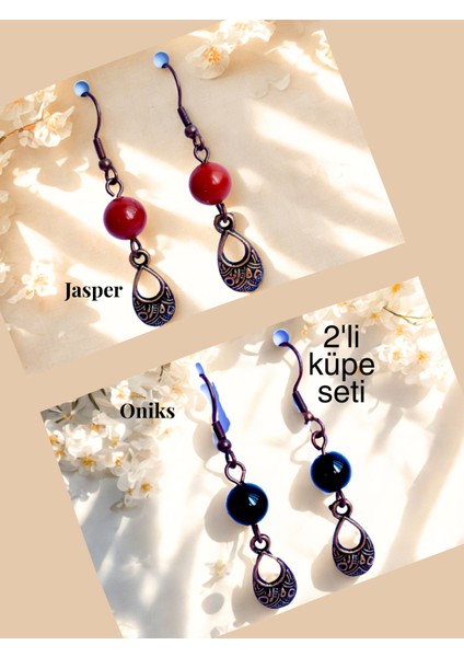 Jasper & Oniks Doğal Taşlı Bohem Damla Sallantılı, Kadın 2'li Küpe Seti, Kırmızı-Siyah
