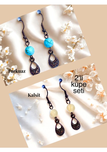Turkuaz & Kalsit Doğal Taşlı Bohem Damla Sallantılı, Kadın 2'li Küpe Seti, Turkuaz - Sarı